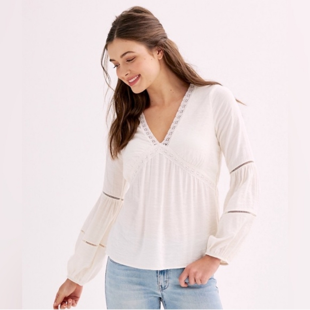 SO Peasant Bohemian Blouse Bubble Sleeves V-neck Beachy Summer Pullover Size XL